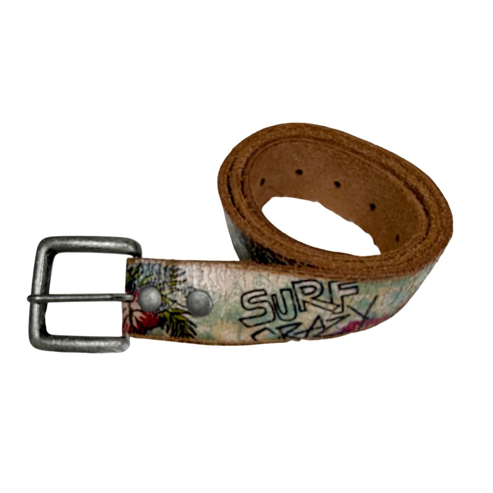 VTG Y2K Ed Hardy Surf Crazy Leather Belt Size Small Floral Tattoo Graphic